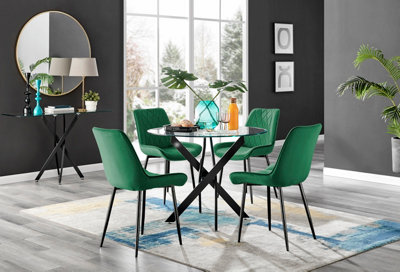 Furniturebox Novara Clear Tempered Glass 100Cm Round Dining Table With Black Starburst Legs & 4 Green Pesaro Soft Velvet Chairs from B&Q
