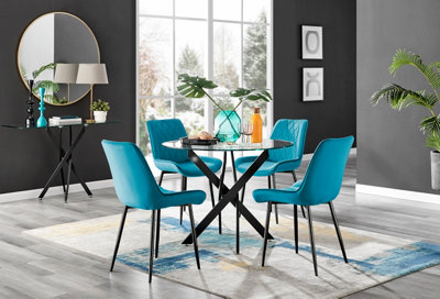 Furniturebox Novara Clear Tempered Glass 100Cm Round Dining Table With Black Starburst Legs & 4 Blue Pesaro Soft Velvet Chairs from B&Q