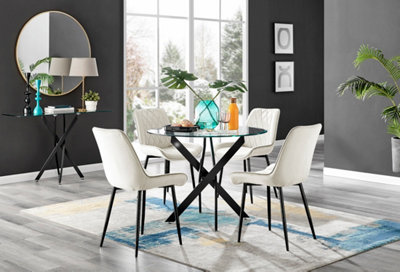 Furniturebox Novara Clear Tempered Glass 100Cm Round Dining Table With Black Starburst Legs & 4 Cream Pesaro Soft Velvet Chairs from B&Q