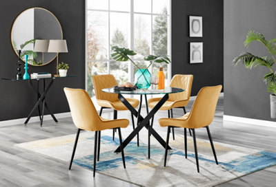 Furniturebox Novara Clear Tempered Glass 100Cm Round Dining Table With Black Starburst Legs & 4 Mustard Pesaro Soft Velvet Chairs from B&Q