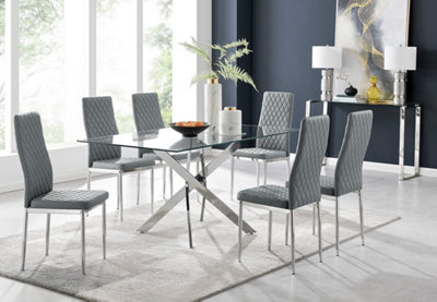 Furniturebox Leonardo 6 Seater Rectangular Glass Dining Table With Silver Metal Leg & 6 Grey Milan Faux Leather Silver Leg Chairs from B&Q