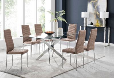 Furniturebox Leonardo 6 Seater Rectangular Glass Dining Table With Silver Metal Leg & 6 Beige Milan Faux Leather Silver Leg Chairs from B&Q