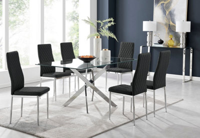Furniturebox Leonardo 6 Seater Rectangular Glass Dining Table With Silver Metal Leg & 6 Black Milan Faux Leather Silver Leg Chairs from B&Q