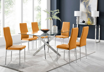 Furniturebox Leonardo 6 Seat Rectangular Glass Dining Table With Silver Metal Leg & 6 Mustard Milan Faux Leather Silver Leg Chairs from B&Q