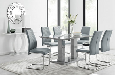 Furniturebox Imperia Grey High Gloss 6 Seater Dining Table With Structural 2 Plinth Column Legs 6 Grey Faux Leather Lorenzo Cantilever Chairs from B&Q
