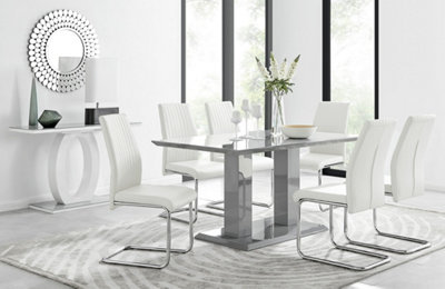 Furniturebox Imperia Grey High Gloss 6 Seater Dining Table With Structural 2 Plinth Column Legs 6 White Faux Leather Lorenzo Cantilever Chairs from B&Q