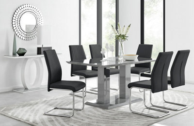 Furniturebox Imperia Grey High Gloss 6 Seater Dining Table With Structural 2 Plinth Column Legs 6 Black Faux Leather Lorenzo Cantilever Chairs from B&Q