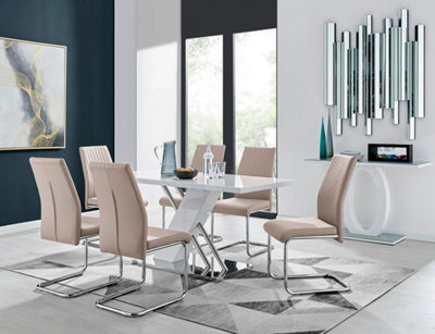 Furniturebox Sorrento White High Gloss And Chrome Dining Table And 6 Cappuccino Grey Lorenzo Dining Chairs from B&Q