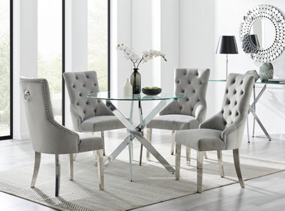 Furniturebox Novara Clear Tempered Glass 100Cm Round Dining Table With Chrome Starburst Legs & 4 Grey Belgravia Velvet Chairs from B&Q