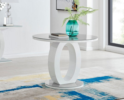 Furniturebox Giovani Round 2 4 Seat 100Cm White High Gloss Dining Table With Grey Glass Top And Unique Modern Halo Structural Plinth Base from B&Q