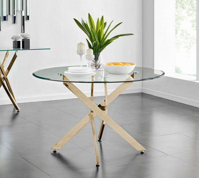 Furniturebox Novara 120Cm 4 6 Seater Round Glass Dining Table With Chrome Metal Starburst Legs For Modern Glam Minimalist Dining Room Gold