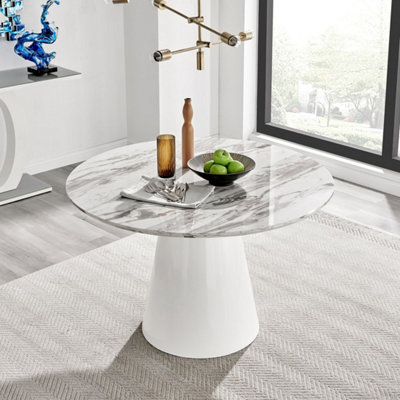 Furniturebox White Palma Round Marble Effect Dining Table With Pedestal Pillar Base In Semi-Matte For Modern Dining Room 120Cm