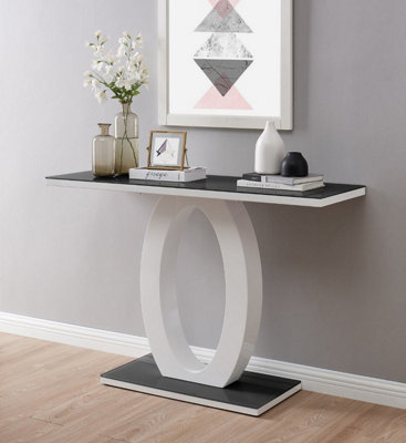 Furniturebox Giovani Rectangular High Gloss Console Table With Glass Top And Unique Halo Structural Plinth Base Design White/Black