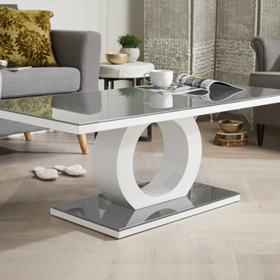Furniturebox White/Grey Giovani Rectangular High Gloss Coffee Table With Glass Top And Unique Halo Structural Plinth Base Design
