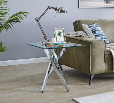 B&Q -  Leonardo Square Glass Side End Bedside Table With Silver Chrome Metal Angled Starburst Legs For Modern Living Rooms