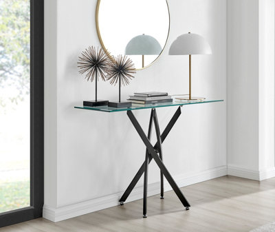 Furniturebox Leonardo Rectangular Glass Console Table With Black Metal Angled Starburst Legs For Modern Industrial Living Room from B&Q