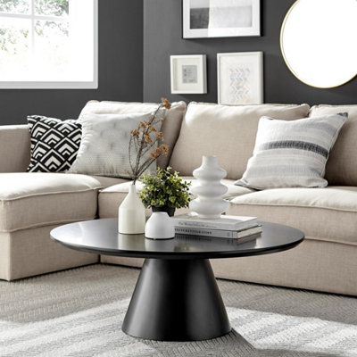Furniturebox Palma Round Coffee Table With Pedestal Pillar Base And Semi-Matte Finish For Modern Minimalist Industrial Look Black