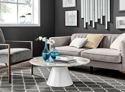 Furniturebox Palma Round Marble Effect Coffee Table With Pedestal Pillar Base In Semi-Matte Finish For Modern Living Room White