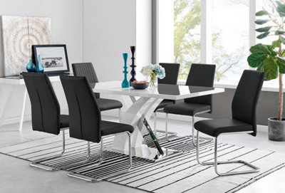 Furniturebox Atlanta High Gloss And Chrome 6 Seater Dining Table With Statement X Shaped Legs And 6 Faux Leather Lorenzo Chairs White/Black