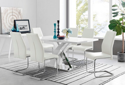 Furniturebox Atlanta High Gloss And Chrome 6 Seater Dining Table With Statement X Shaped Legs And 6 Faux Leather Lorenzo Chairs White