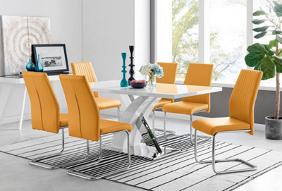 Furniturebox Atlanta High Gloss And Chrome 6 Seater Dining Table With Statement X Shaped Legs And 6 Mustard Faux Leather Lorenzo Chairs White