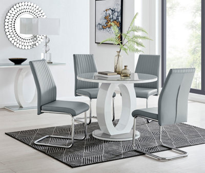 B&Q -  Giovani Round Grey And White High Gloss Glass 4 Seater Dining Table And ChairsGlass Dining Table And Chairs Set