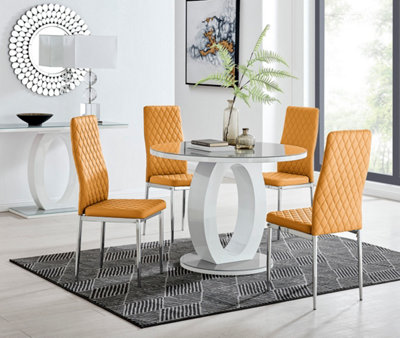 Furniturebox Giovani Round 4 Seat 100Cm White High Gloss Halo Base Grey Glass Top Dining Table 4 Mustard Faux Leather Silver Leg Milan Chairs from B&Q