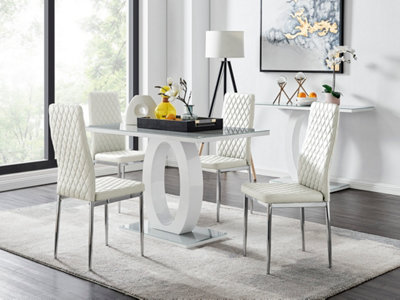Furniturebox Giovani Rectangular 4 Seat White High Gloss Unique Halo Dining Table Grey Glass Top 4 White Faux Leather Silver Leg Milan Chairs from B&Q
