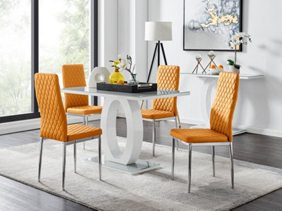 Furniturebox Giovani Rectangular 4 Seat White High Gloss Unique Halo Dining Table Grey Glass Top 4 Mustard Faux Leather Silver Leg Milan Chairs from B&Q