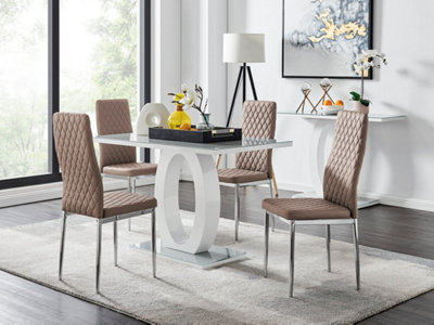 B&Q -  Giovani Rectangular 4 Seat White High Gloss Unique Halo Dining Table Grey Glass Top 4 Wbeige Faux Leather Silver Leg Milan Chairs