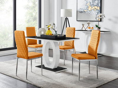 Furniturebox Giovani Rectangular 4 Seat White High Gloss Dining Table With Black Glass Top And Unique Halo Base With 4 Mustard Milan Chairs from B&Q