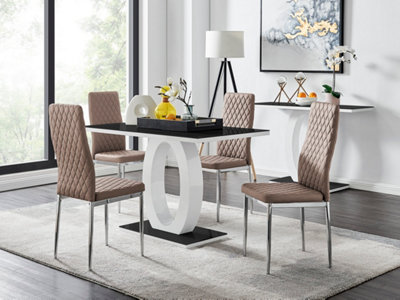 B&Q -  Giovani Rectangular 4 Seat White High Gloss Unique Halo Dining Table Black Glass Top 4 Beige Faux Leather Silver Leg Milan Chairs