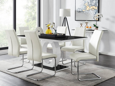 Furniturebox Giovani Rectangular 6 Seat White High Gloss Halo Structural Dining Table Black Glass Top 6 White Faux Leather Lorenzo Chairs from B&Q