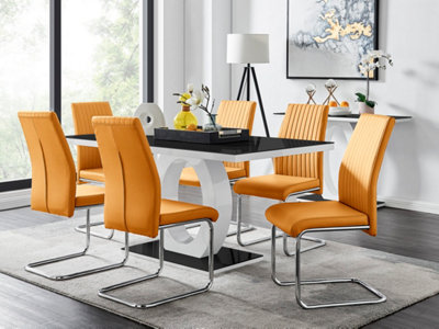 Furniturebox Giovani Rectangular 6 Seat High Gloss Halo Structural Dining Table Glass Top 6 Mustard Faux Leather Lorenzo Chairs White/Black