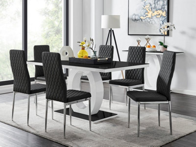 Furniturebox Giovani Rectangular 6 Seat White High Gloss Unique Halo Dining Table Black Glass Top 6 Black Faux Leather Silver Leg Milan Chairs from B&Q