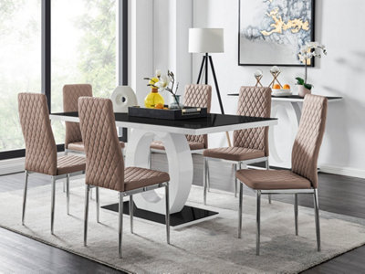 B&Q -  Giovani Rectangular 6 Seat White High Gloss Unique Halo Dining Table Black Glass Top 6 Beige Faux Leather Silver Leg Milan Chairs