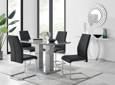 Furniturebox Imperia Grey High Gloss 4 Seater Dining Table With Structural 2 Plinth Column Legs 4 Black Faux Leather Lorenzo Chairs from B&Q