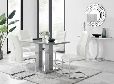 Furniturebox Imperia Grey High Gloss 4 Seater Dining Table With Structural 2 Plinth Column Legs 4 White Faux Leather Lorenzo Chairs from B&Q