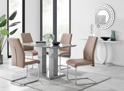 Furniturebox Imperia Grey High Gloss 4 Seater Dining Table With Structural 2 Plinth Column Legs 4 Beige Faux Leather Lorenzo Chairs from B&Q