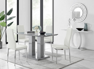 B&Q -  Imperia Grey High Gloss 4 Seater Dining Table With Structural 2 Plinth Column Legs 4 White Faux Leather Silver Leg Milan Chairs