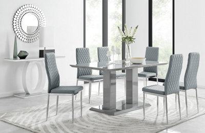 Furniturebox Imperia High Gloss 6 Seater Dining Table With Structural 2 Plinth Column Legs 6 Stitched Faux Leather Milan Chairs Grey