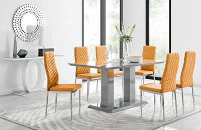 B&Q -  Imperia Grey High Gloss 6 Seater Dining Table With Structural 2 Plinth Column Legs 6 Mustard Stitched Faux Leather Milan Chairs
