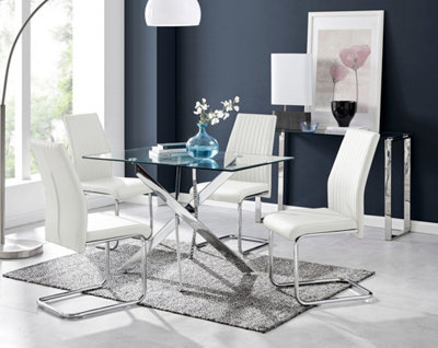 B&Q -  Leonardo 4 Seater Rectangular Glass Dining Table With Silver Metal Legs & 4 White Lorenzo Faux Leather Chairs