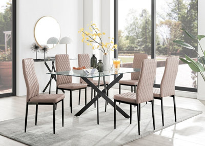 Furniturebox Leonardo 6 Seater Rectangular Glass Dining Table With Silver Metal Legs & 6 Beige Milan Faux Leather Black Leg Chairs from B&Q