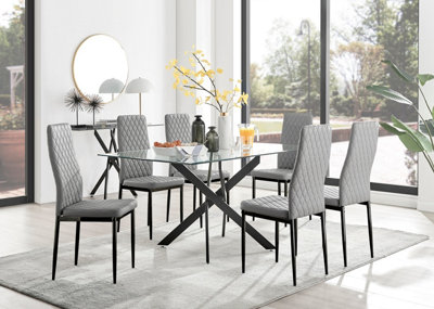 Furniturebox Leonardo 6 Seater Rectangular Glass Dining Table With Silver Metal Legs & 6 Grey Milan Faux Leather Black Leg Chairs from B&Q