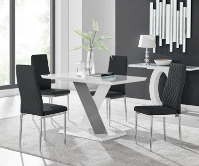 B&Q -  Monza 4 White/grey Dining Table & 4 Black Milan Chairs