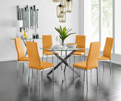 Furniturebox Novara Clear Tempered Glass 120Cm Round Dining Table With Chrome Starburst Legs & 6 Mustard Milan Faux Leather Chairs from B&Q