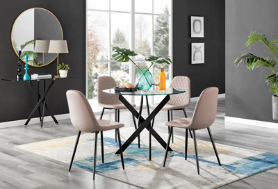 Furniturebox Novara Clear Tempered Glass 100Cm Round Dining Table With Black Starburst Legs & 4 Beige Corona Faux Leather Chairs from B&Q