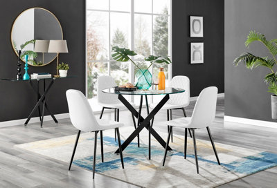 Furniturebox Novara Clear Tempered Glass 100Cm Round Dining Table With Starburst Legs & 4 Corona Faux Leather Chairs Black/White