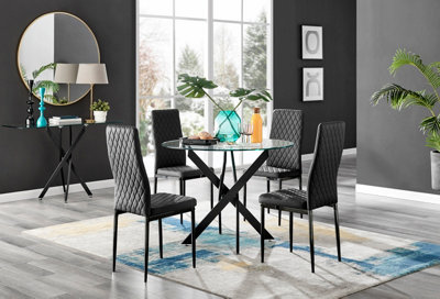 Furniturebox Novara Clear Tempered Glass 100Cm Round Dining Table With Black Starburst Legs & 4 Black Milan Faux Leather Chairs from B&Q